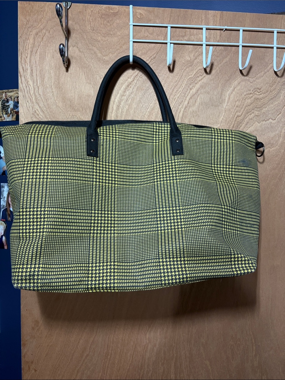 Women's Yellow Plaid Travel Tote Bag with Black Handles